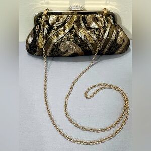 Lulu Townsend Black Gold Sequin Convertible Clutch Crossbody